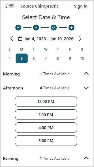 Online booking page showing date selection and available appointment times for Source Chiropractic.